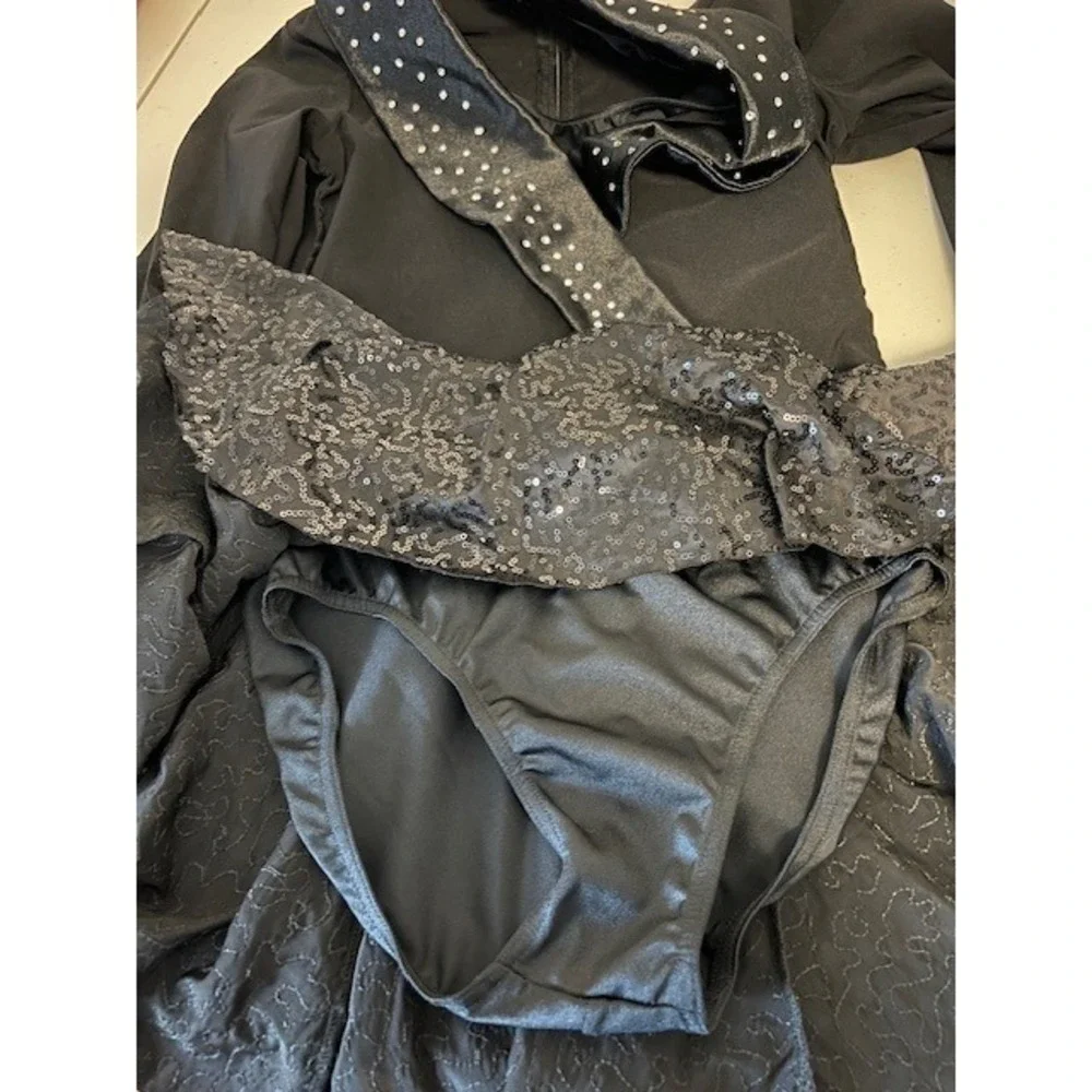 Weissman Black Rhinestone Sparkle‎ Dance Dress Costume Long Sleeve Lapel Collar